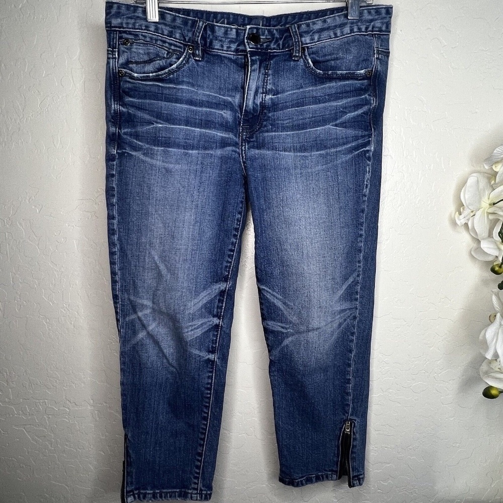 CALVIN KLEIN Women’s SZ 29/8 Ultimate Skinny Blue Jean Capris Leg Side Hem Zip